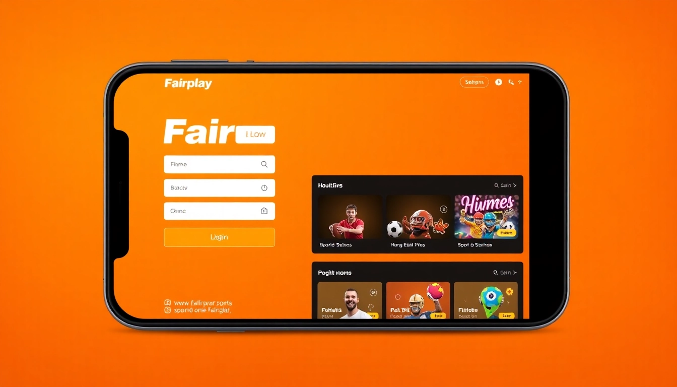 Fairplay online login screen on mobile device with vibrant orange and black theme, showcasing sports betting options.