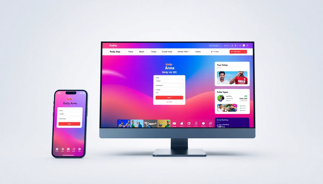 Easy Reddy Anna Login interface on mobile and desktop screens with Indian sports background, highlighting secure access for betting and casino fans.
