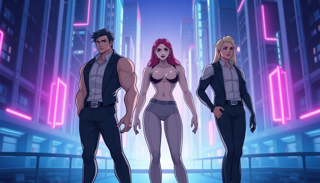Digital illustration of three stylized human characters representing Alpha, Beta, and Omega in a futuristic cityscape with neon lights.