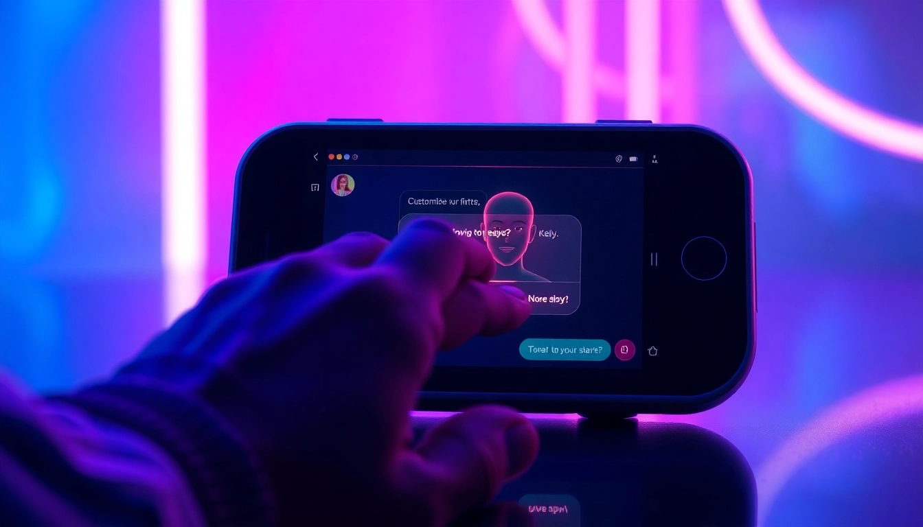Futuristic digital scene of a user interacting with a seductive AI chatbot on a sleek device with neon lighting.