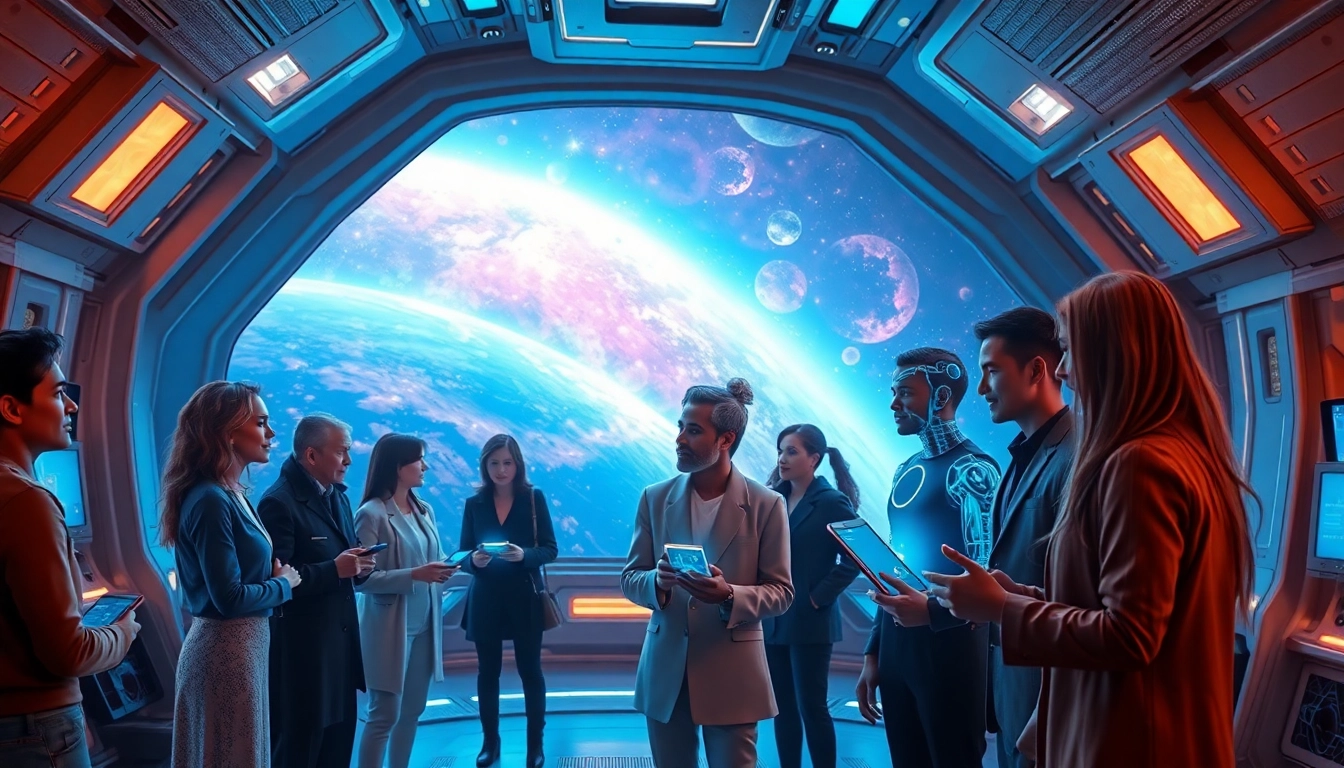 Futuristic space station interior with humans interacting with holographic AI characters amid a cosmic backdrop.