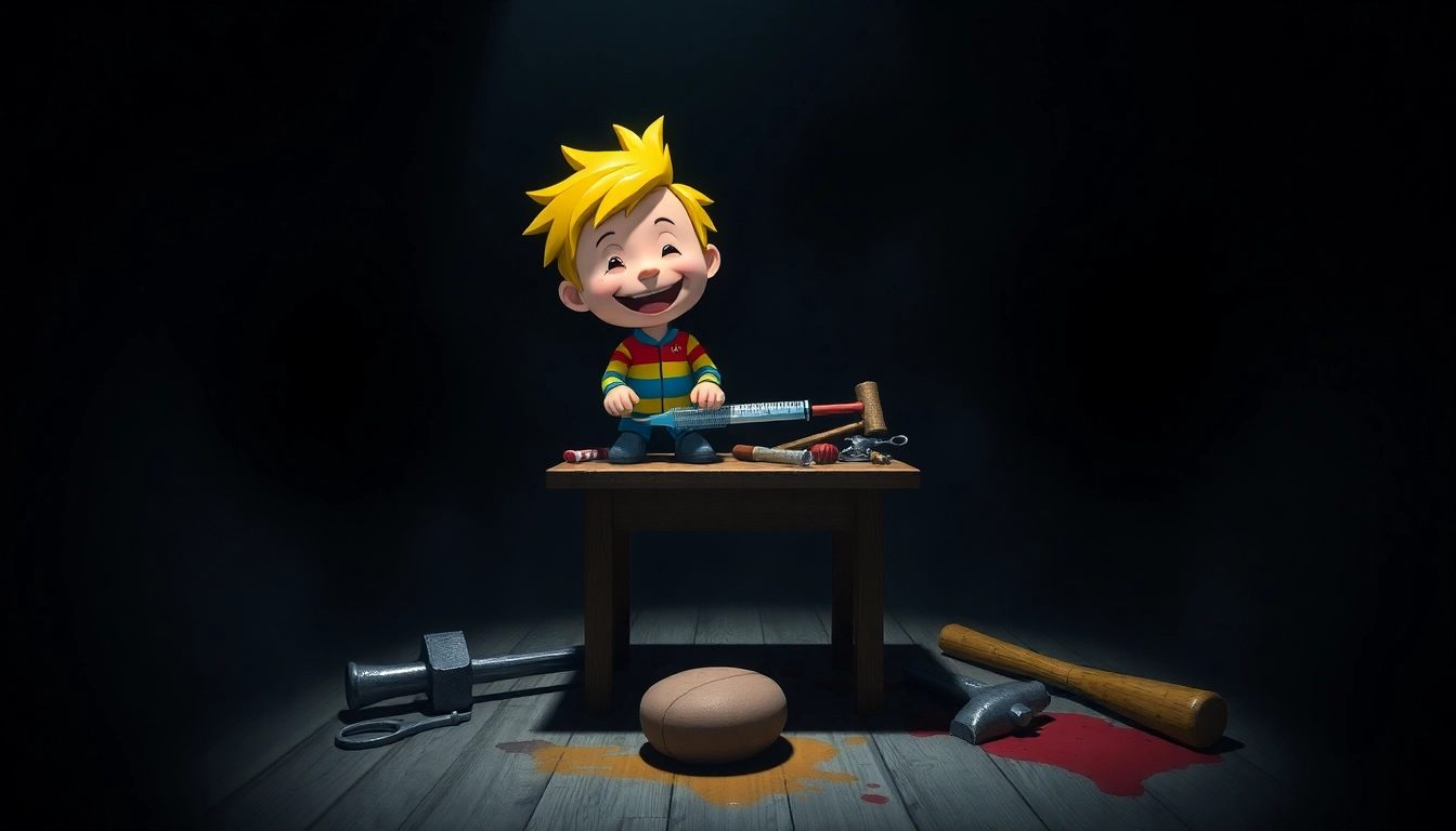 A cheerful cartoon character Harvey in a dark room surrounded by unsettling tools, with intense lighting highlighting the scene's disturbing mood.