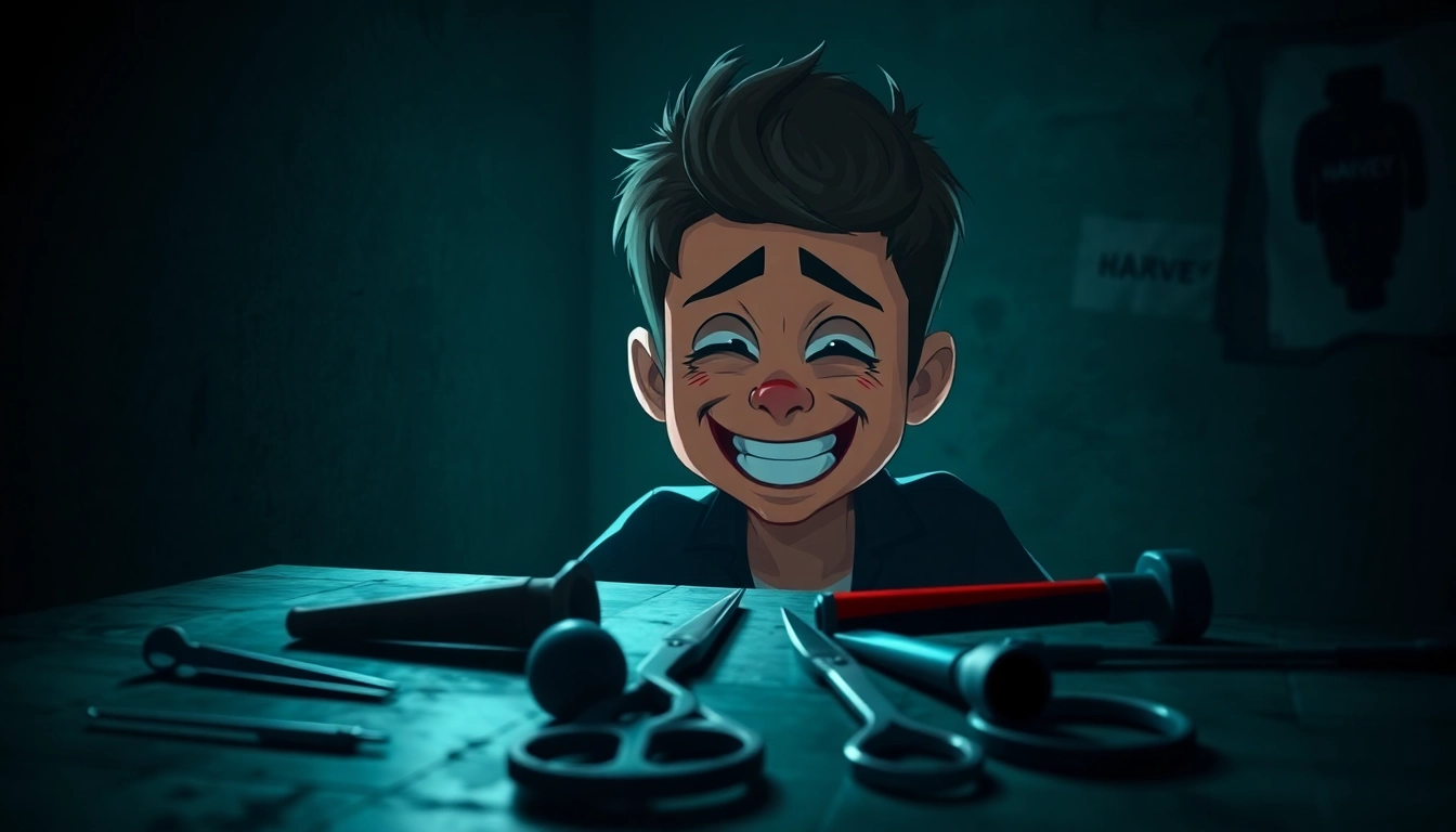 A disturbing scene of Harvey suffering as a player clicks to earn money in BLOODMONEY, with dark tones and unsettling tools surrounding him.
