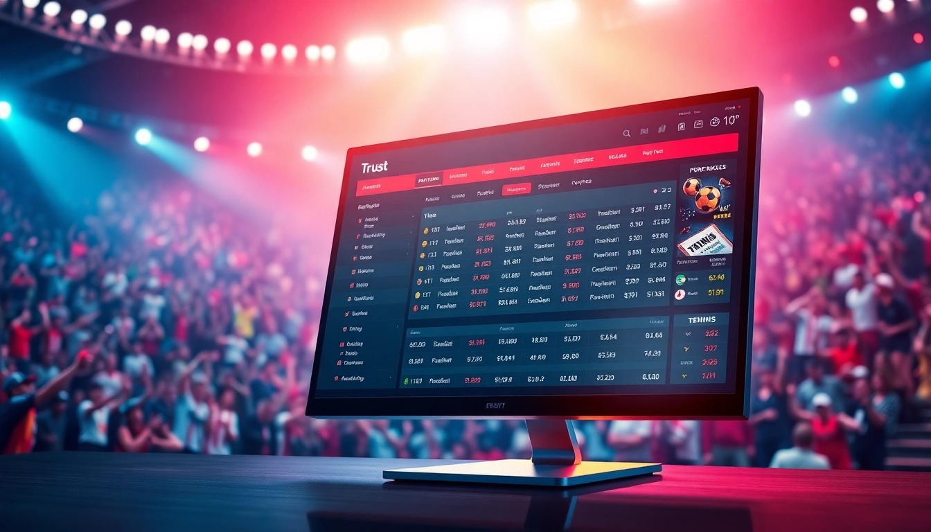 A digital sportsbook interface on a computer screen with a lively sports stadium in the background, highlighting betting options and odds.