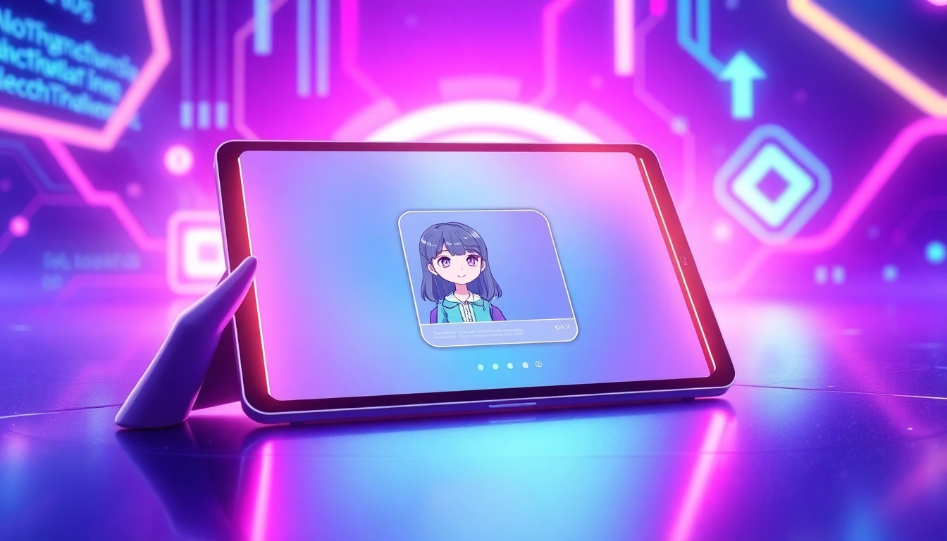 Futuristic digital chat interface with an animated AI character on a tablet screen, featuring neon colors and cyber-inspired design elements.
