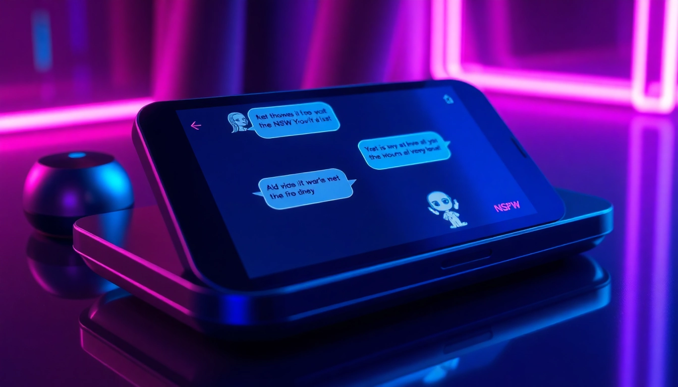 Futuristic AI chat interface on a device with glowing text bubbles and neon accents, creating an intimate mood.