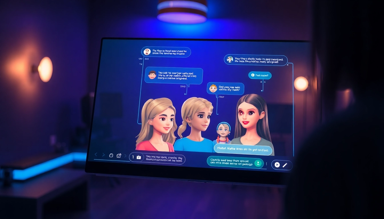 An illustration of a futuristic chat interface featuring multiple AI characters engaged in conversation, illuminated by blue and purple ambient lighting.