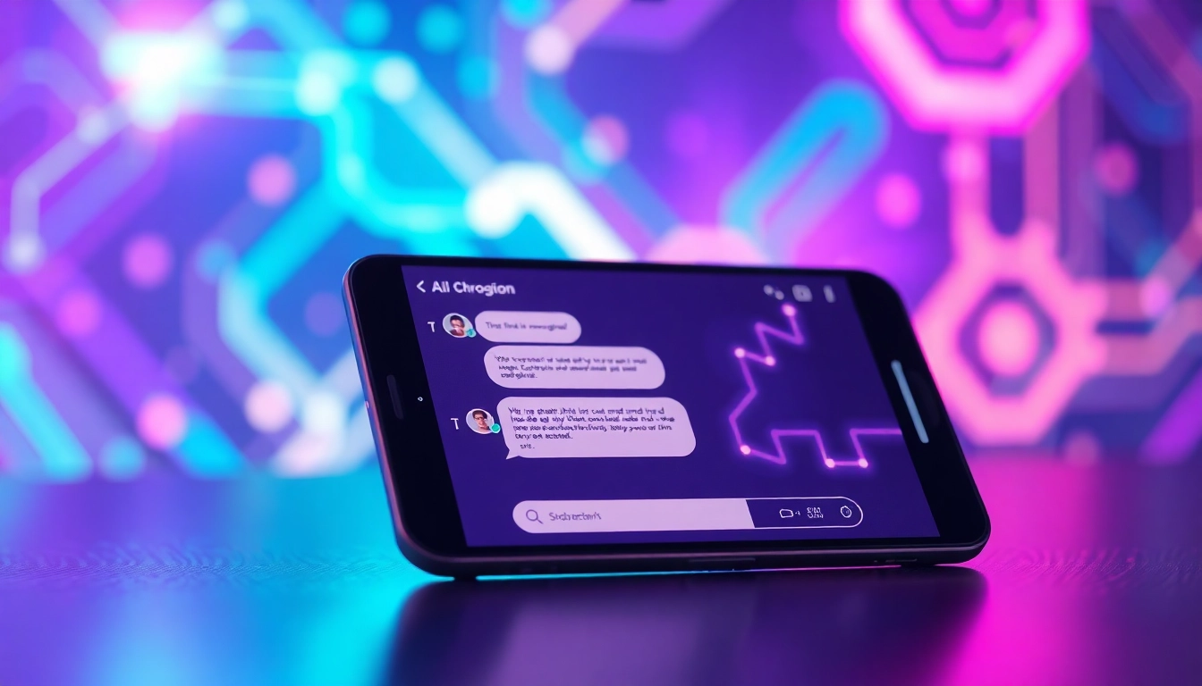 Futuristic digital chat interface on a modern device with neon colors and AI conversation visuals