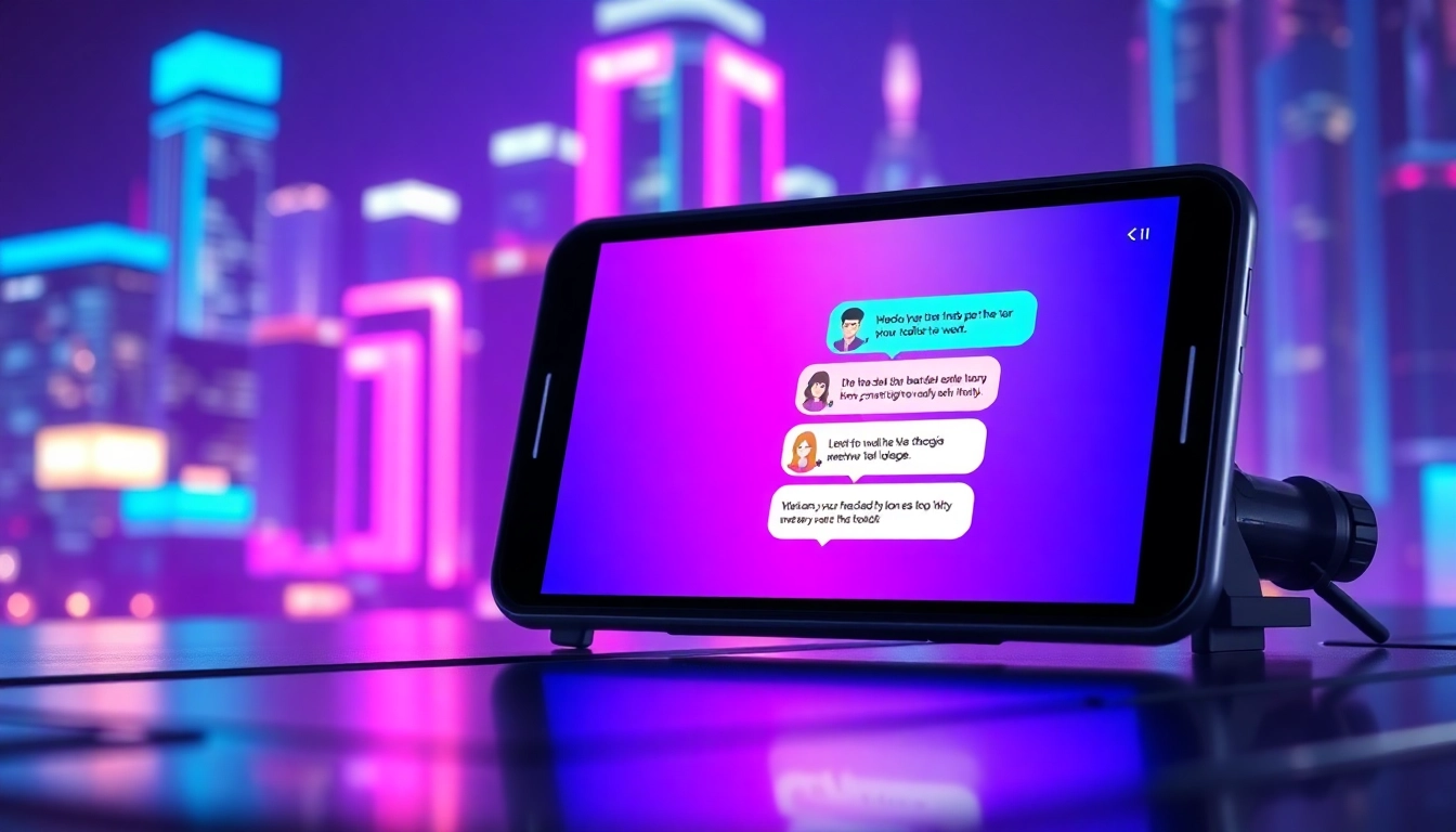 Digital illustration of a futuristic chat interface with neon cityscape in the background, emphasizing adult-themed AI conversation.
