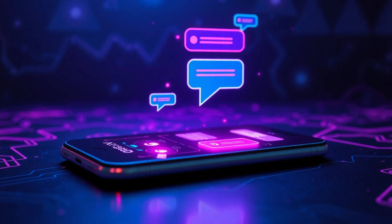 An illustration of a high-tech smartphone screen with glowing chat bubbles in a neon-lit cyber landscape, symbolizing AI chat interactions.