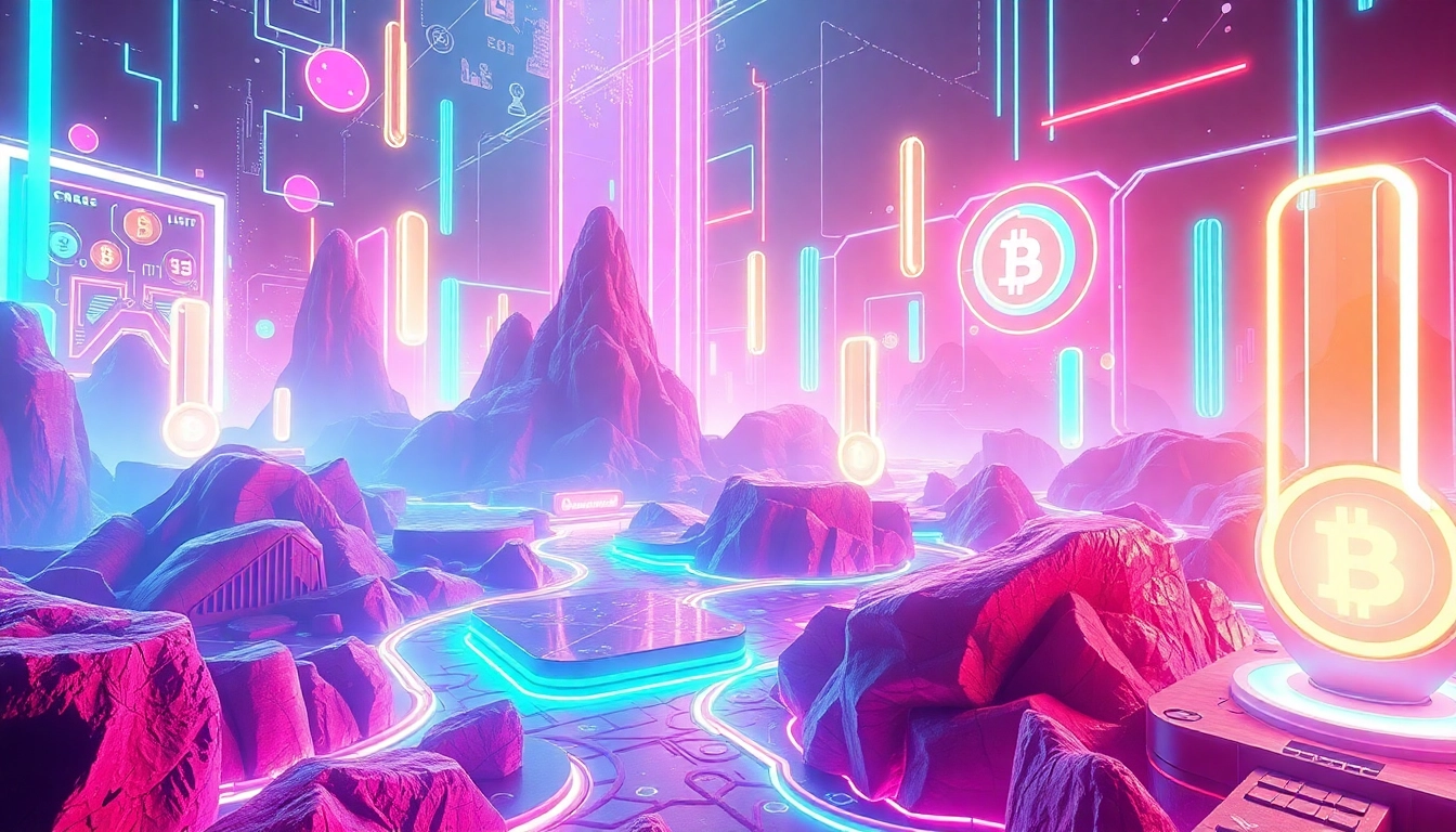Meta and cryptocurrency symbol icons in a vibrant metaverse scene illustrating Metaverse Crypto
