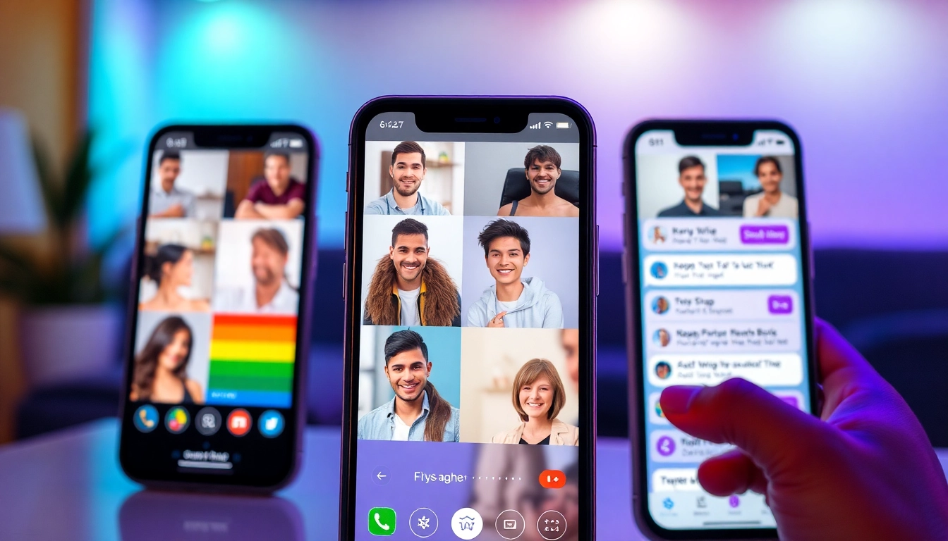 Engaging gay chat platform with users connecting through video and text messaging, emphasizing