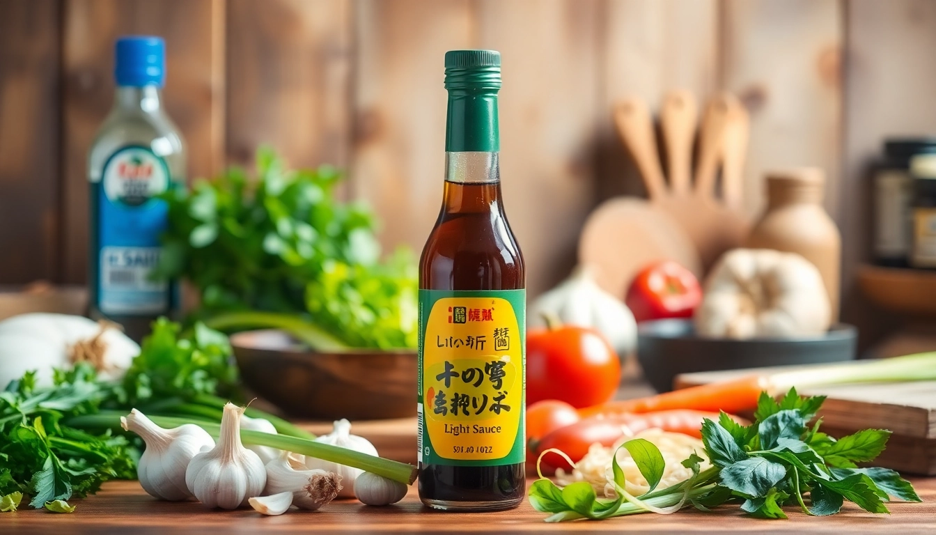 High-quality Light Soy Sauce bottle with fresh ingredients and cooking props for authentic