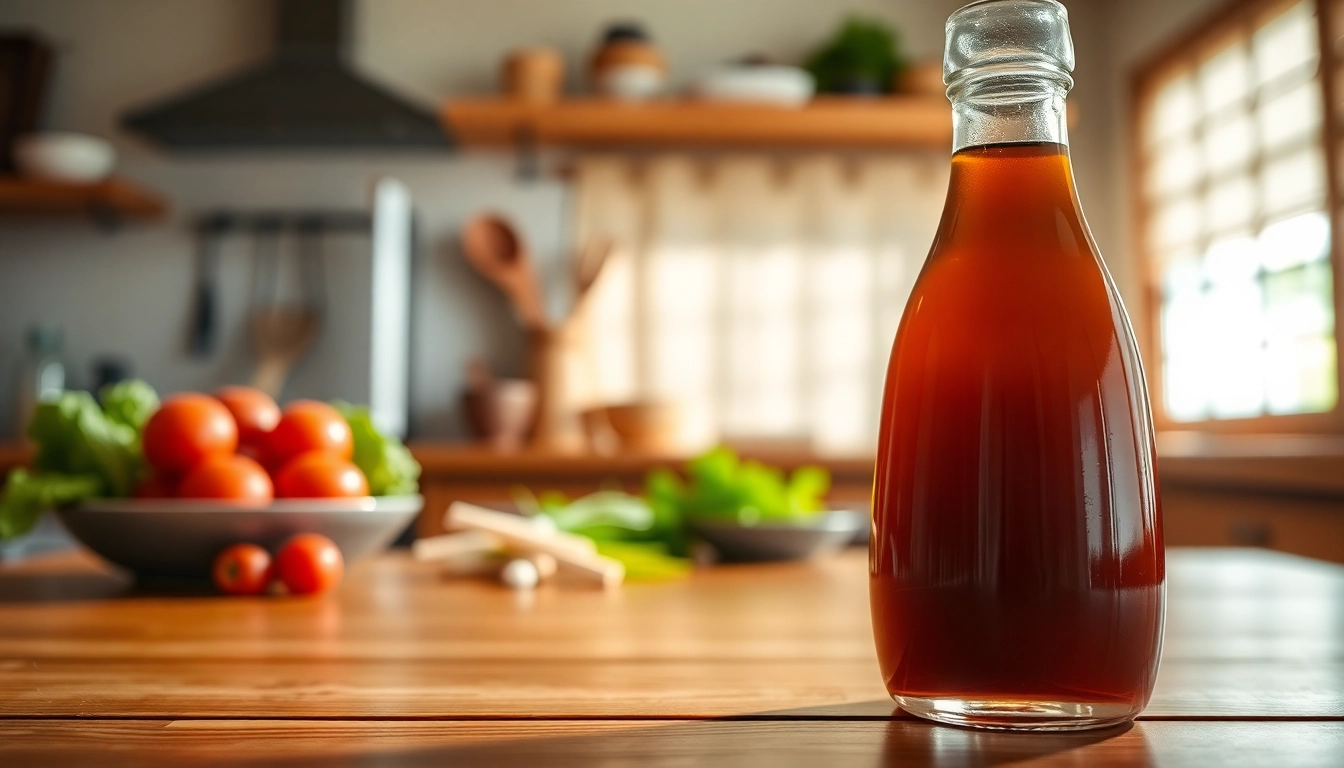 Premium Light Soy Sauce bottle pouring over stir-fried vegetables in a modern kitchen setting